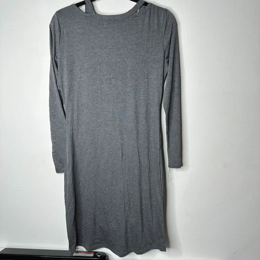 NWT Berryou Gray Cold-Shoulder Long Sleeve Front Tie Hem Knit Mini Dress Medium - Picture 3 of 12